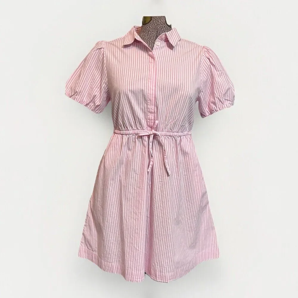 J Crew Puff Sleeve Stripe Mini Dress Womens 6 Pink Cottage Preppy Coastal Girly - Picture 2 of 9